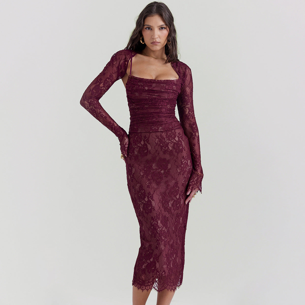 Sexy Lace Suit Shawl Cardigan Slim Long Halter Dress Two-Piece