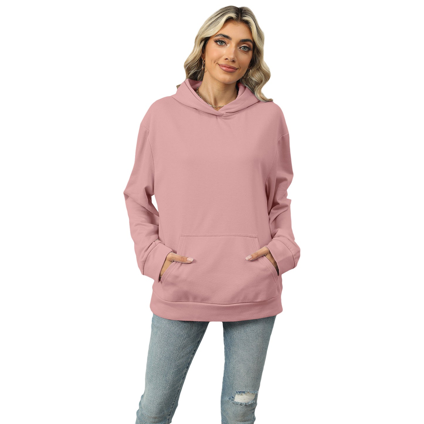 Autumn and Winter leisure hooded pocket sweatshirt solid color pullover women