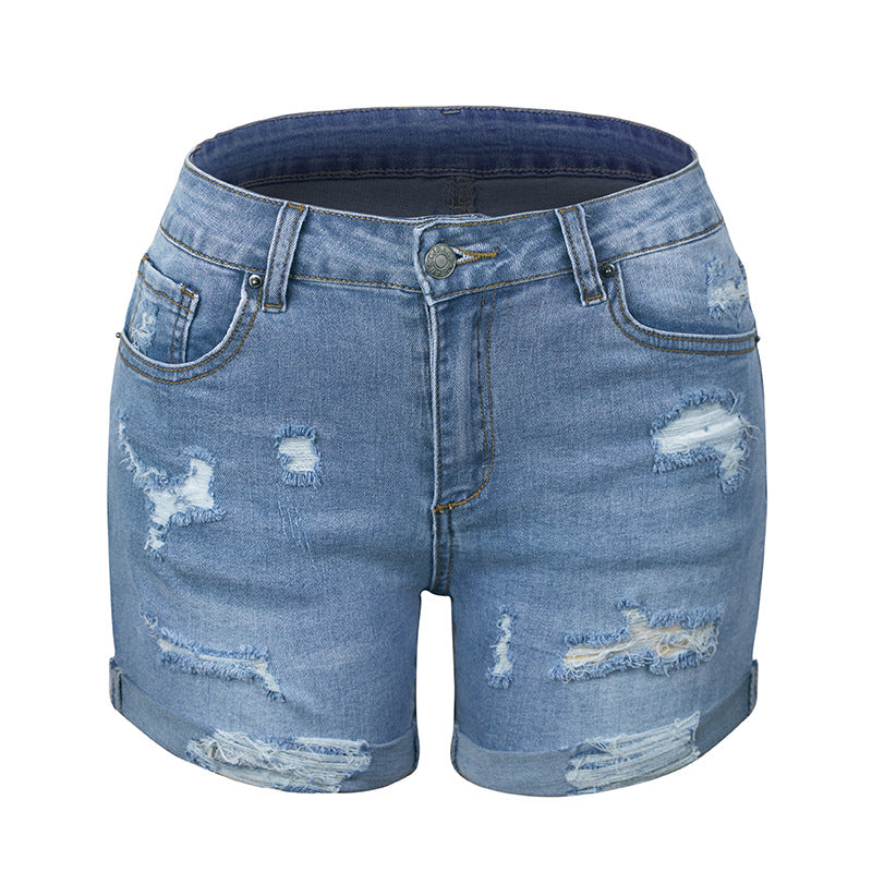 Ripped high elastic denim shorts for women