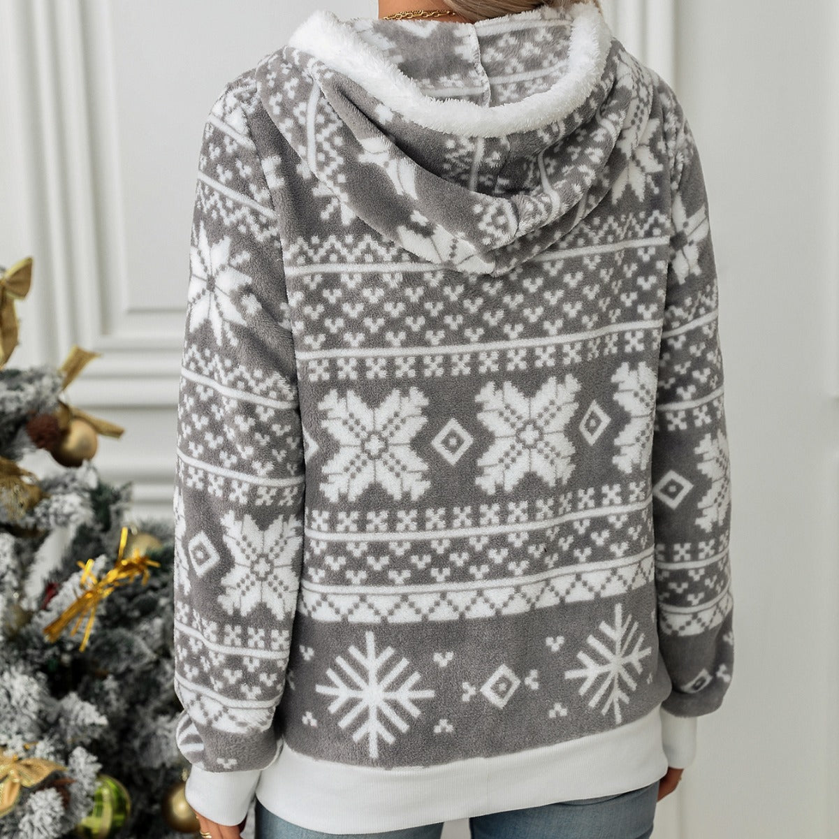 Women's autumn and winter New hooded cardigan Christmas style printed plush coat