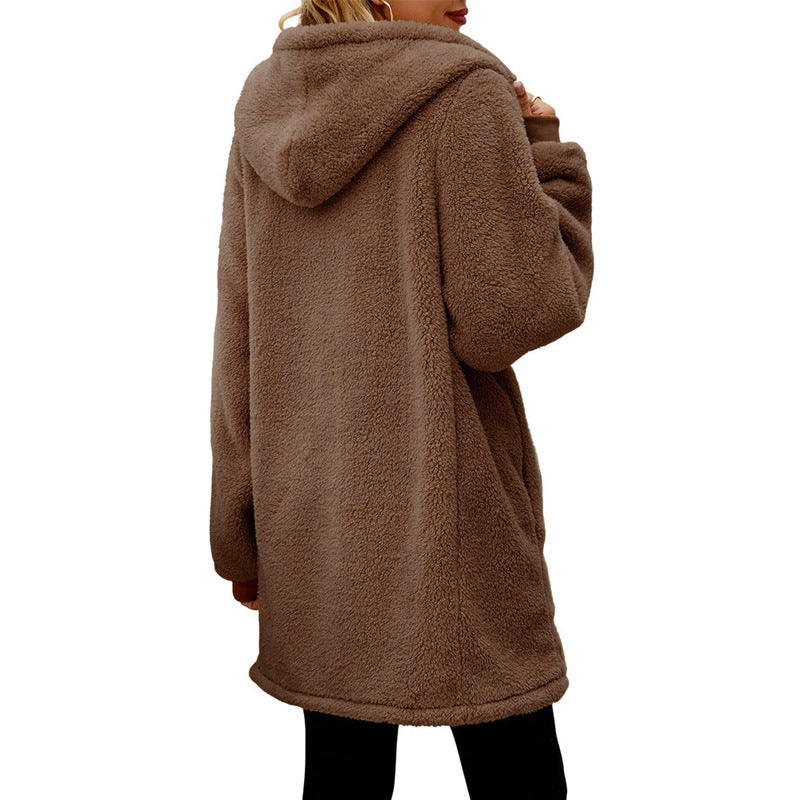 Winter loose plush women's long sleeve hooded zip cardigan coat