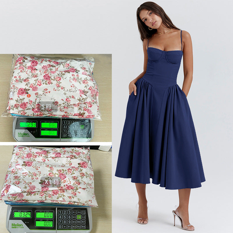 Summer new French retro long dress court style dopamine wear with suspender dress