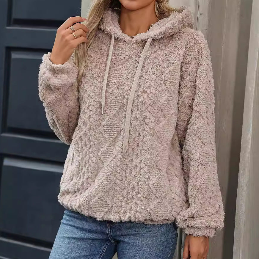 Autumn and winter women's plush jacquard fabric long sleeve loose hooded pullover sweater