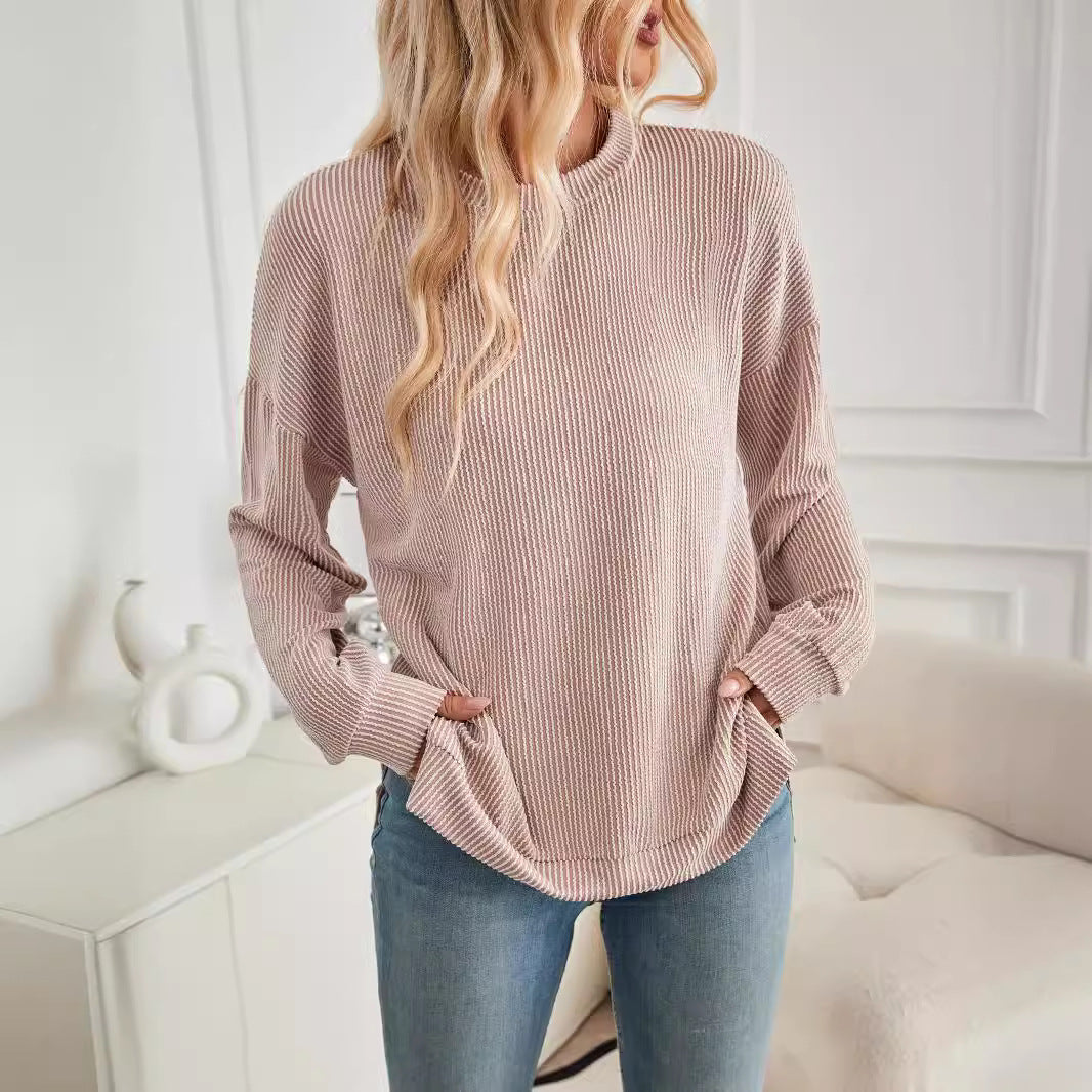 Autumn and winter women's shirt wave striped loose casual long sleeves slit sweater