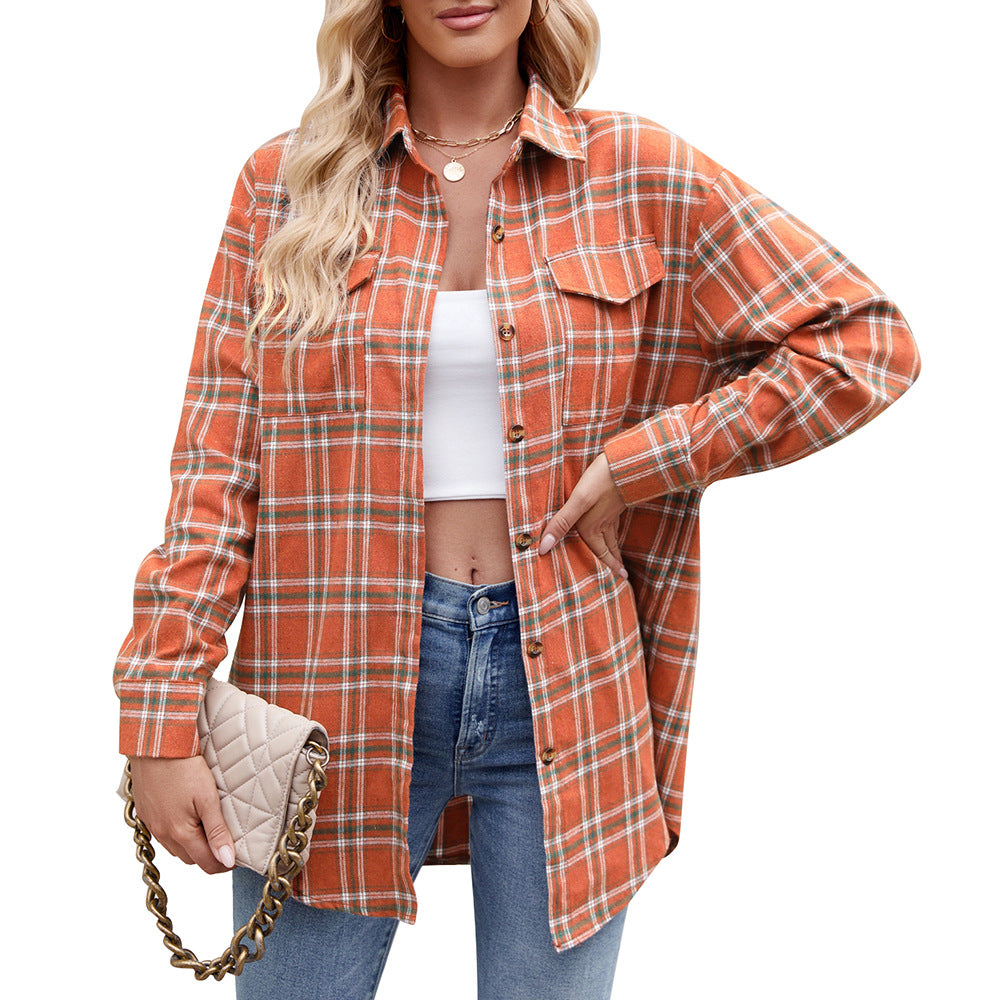 New Casual Fashion Loose Plaid Pocket Shirt Women