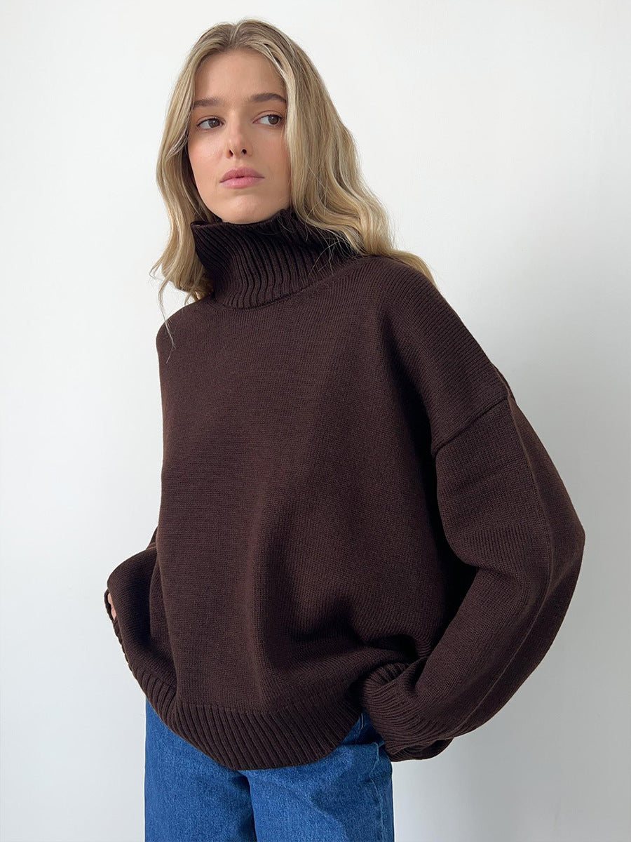 Autumn and Winter solid color simple loose high collar solid color knitted sweater for women