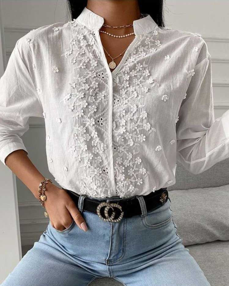 Autumn and winter women's clothing new cotton and linen V-neck embroidery hollow top long sleeve shirt