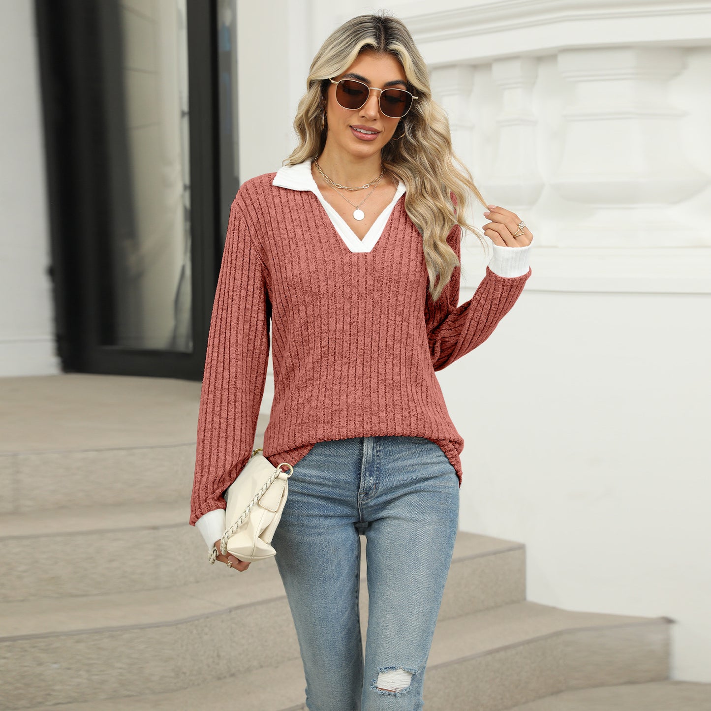 2024 autumn and winter New color stitching turnover neck long sleeve loose-fitting T-shirt top women