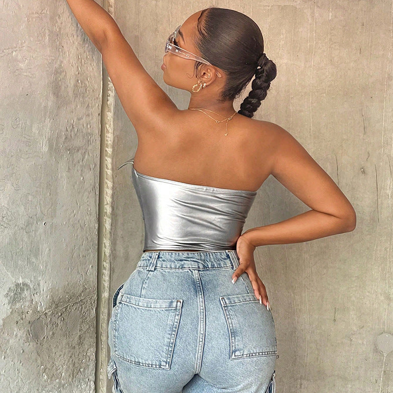 Women's lapel tube top PU leather Fishbone sexy cardigan zipper top vest