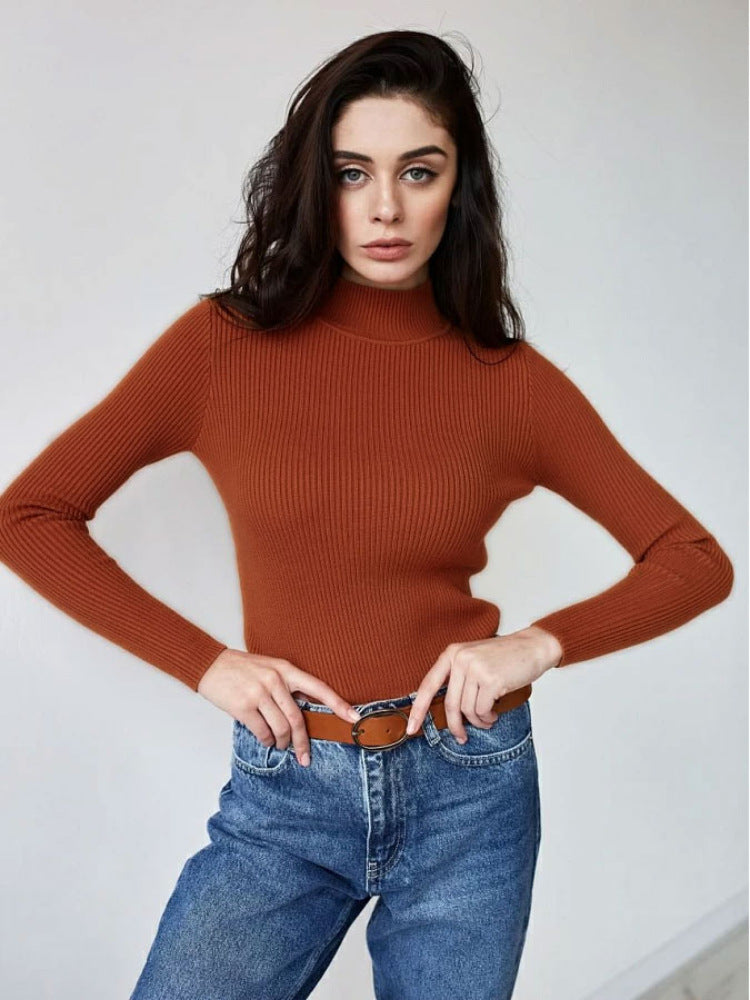 Pure Color half collar sweater European and American 2024 autumn and winter women's slim knit bottoming shirt