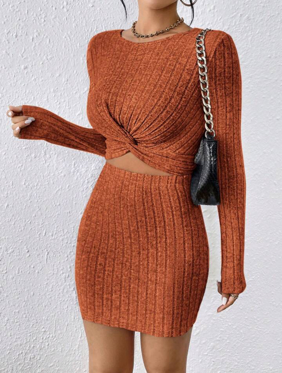 Women's round neck solid color long sleeve irregular knitting suit skirt