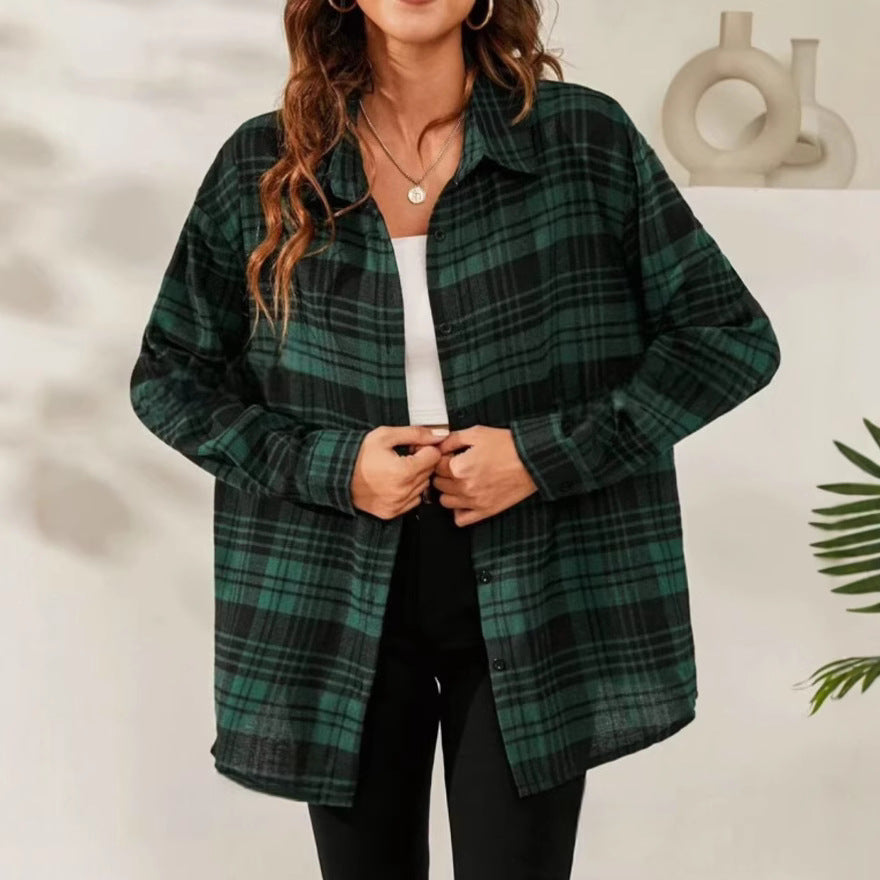 New foreign trade European and American women's shirt lapel single-breasted long-sleeved plaid shirt