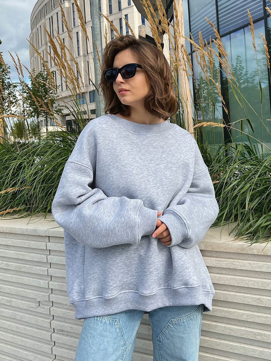 Round neck loose sweatshirt women's autumn winter Street solid color Oversize polar fleece pullover top