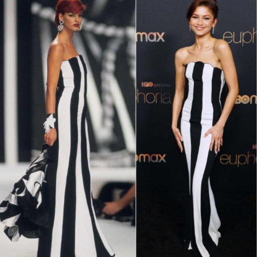 Tube Top Bandage Black And White Striped Banquet Dress