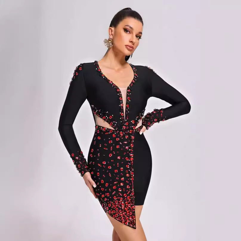 Ruby Rhinestone Tight Long Sleeve Bandage Bodycon Dress Sexy