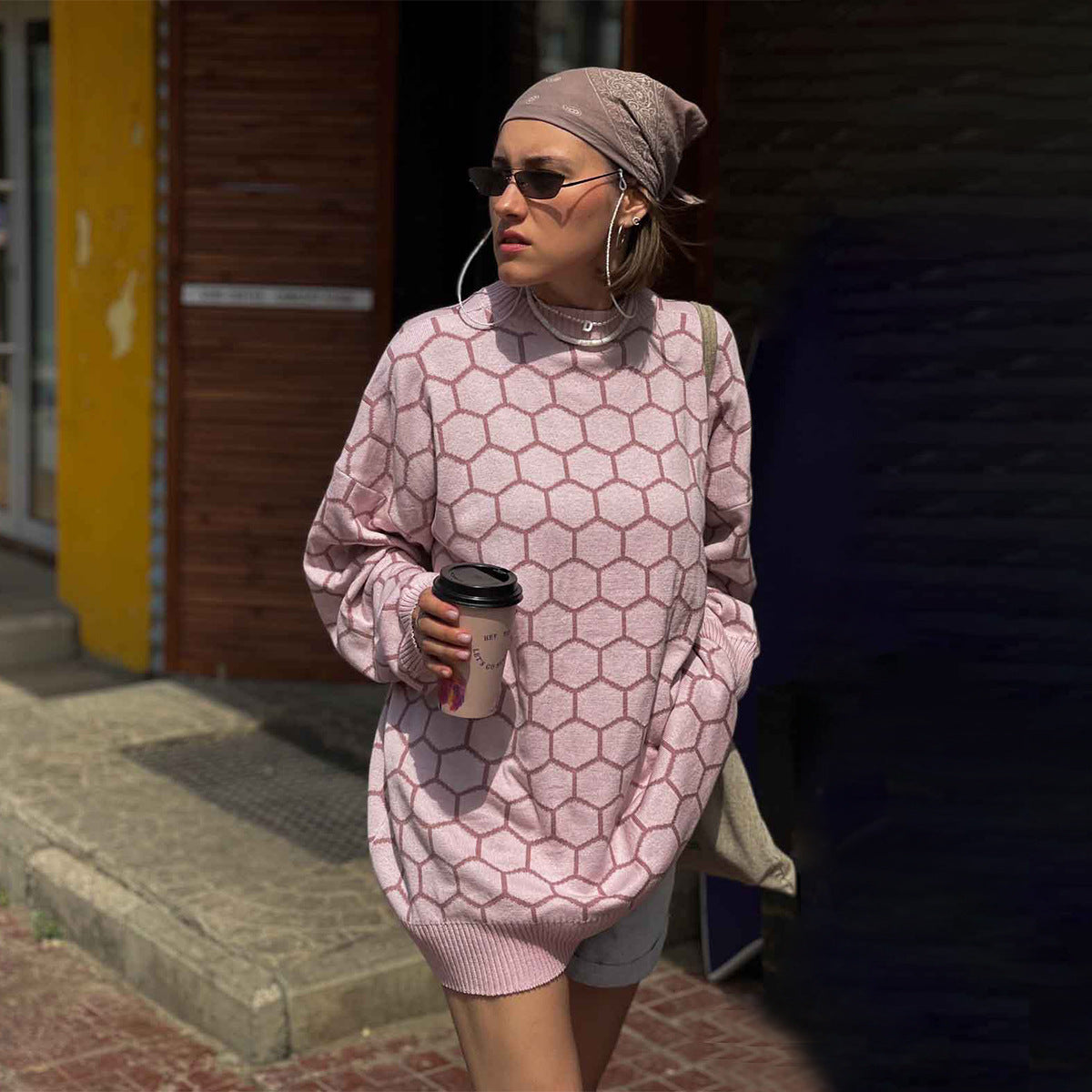 Round neck honey sweater autumn and winter loose plaid pullover round neck knitted women's top