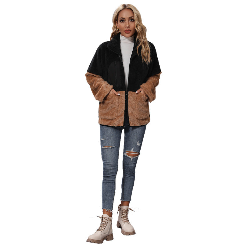 Women's autumn clothing lapel long sleeve loose color matching zipper thickening double-sided velvet casual jacket