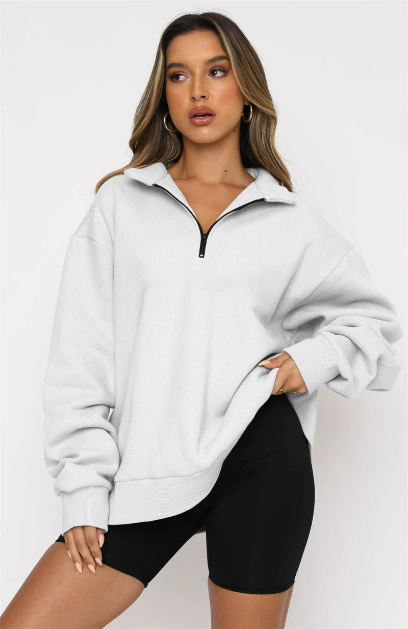 Autumn winter casual loose women hoodie zipper pullover sweater