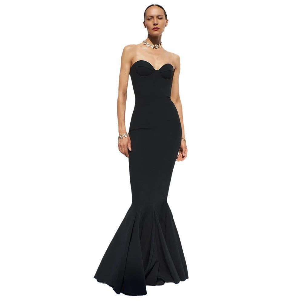 Women Sexy Tube Top Sleeveless Backless Black Bandage Fishtail Dress