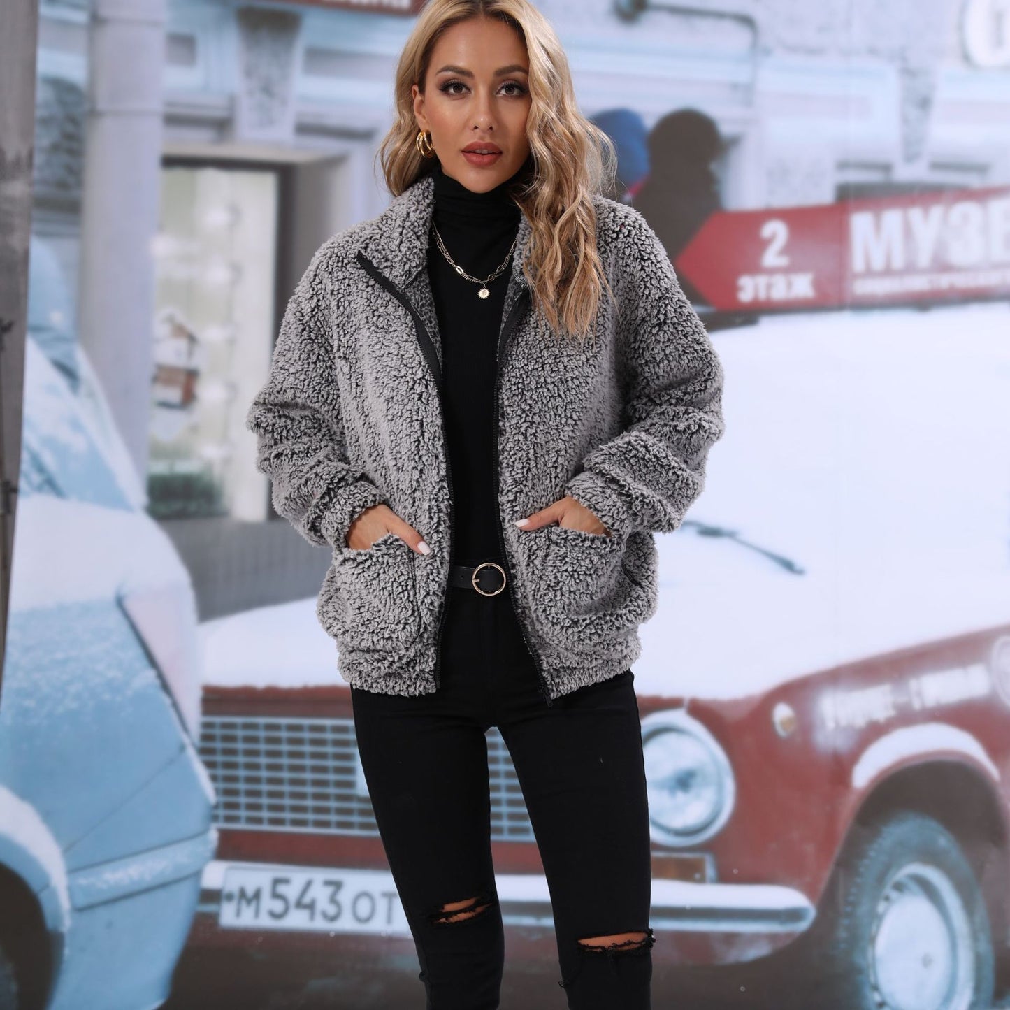 Women's autumn clothing lapel long sleeve zipper double-sided bubble velvet loose casual jacket