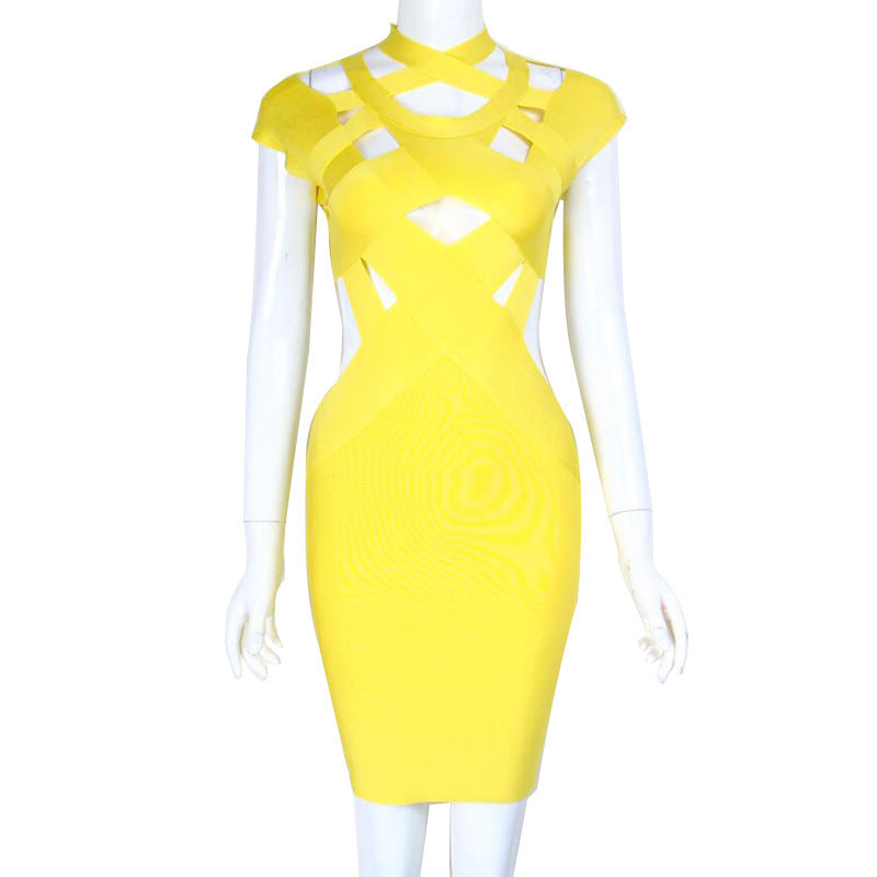 Solid Color Hollow Bandage Dress Banquet Evening Daily Style