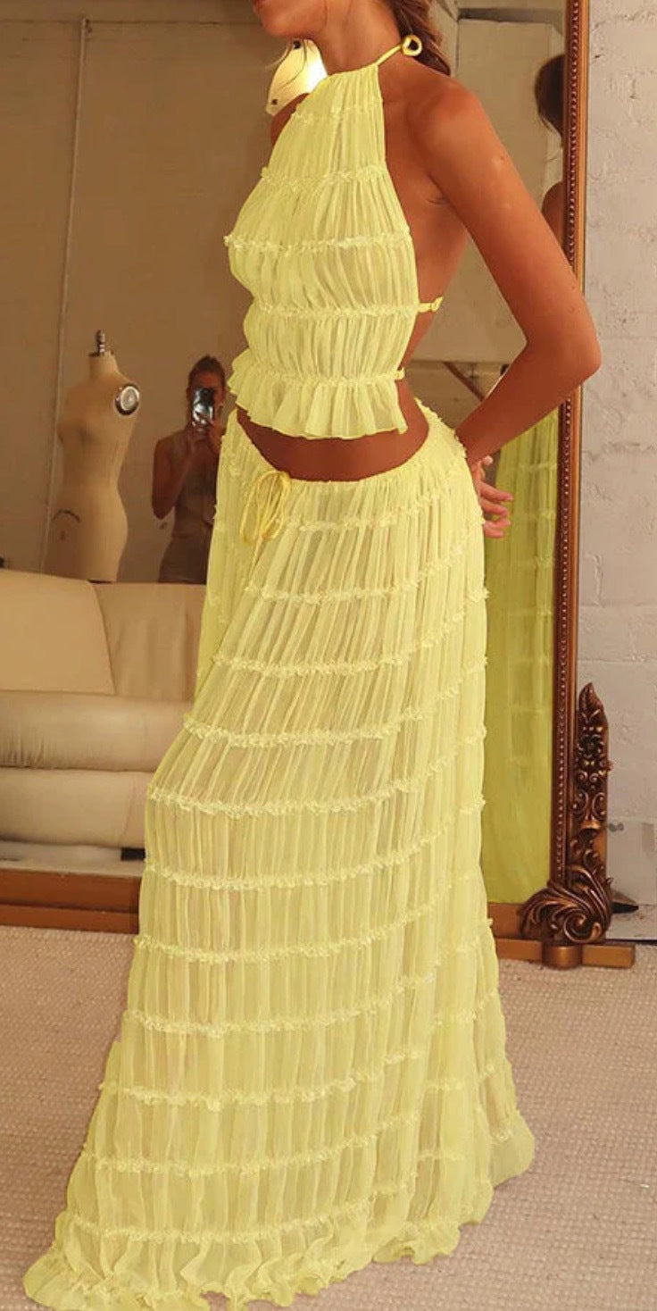 New European and American fashion and sexy backless neck strap pleated lace vest long dress set