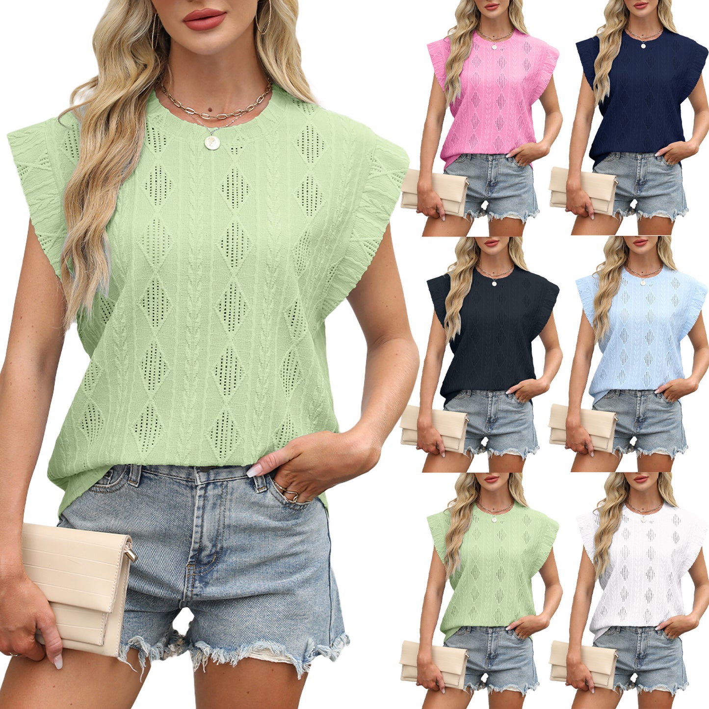 Spring and summer new round neck loose short-sleeved T-shirt jacquard top vest women