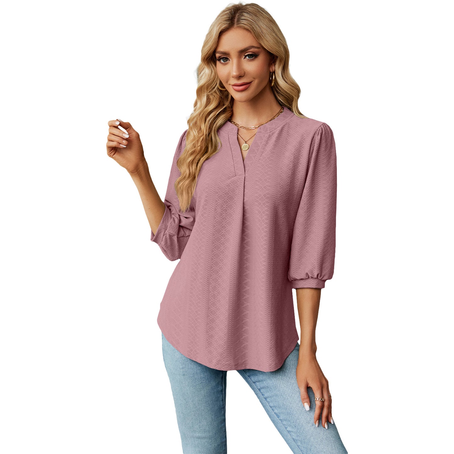 Autumn and Winter new solid color and V-neck jacquard 3/4 sleeve loose-fitting T-shirt top women