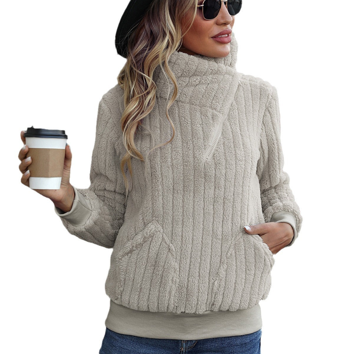 Autumn and winter women's round neck long sleeve pullover short zipper sunken stripe mid-length casual plush sweater