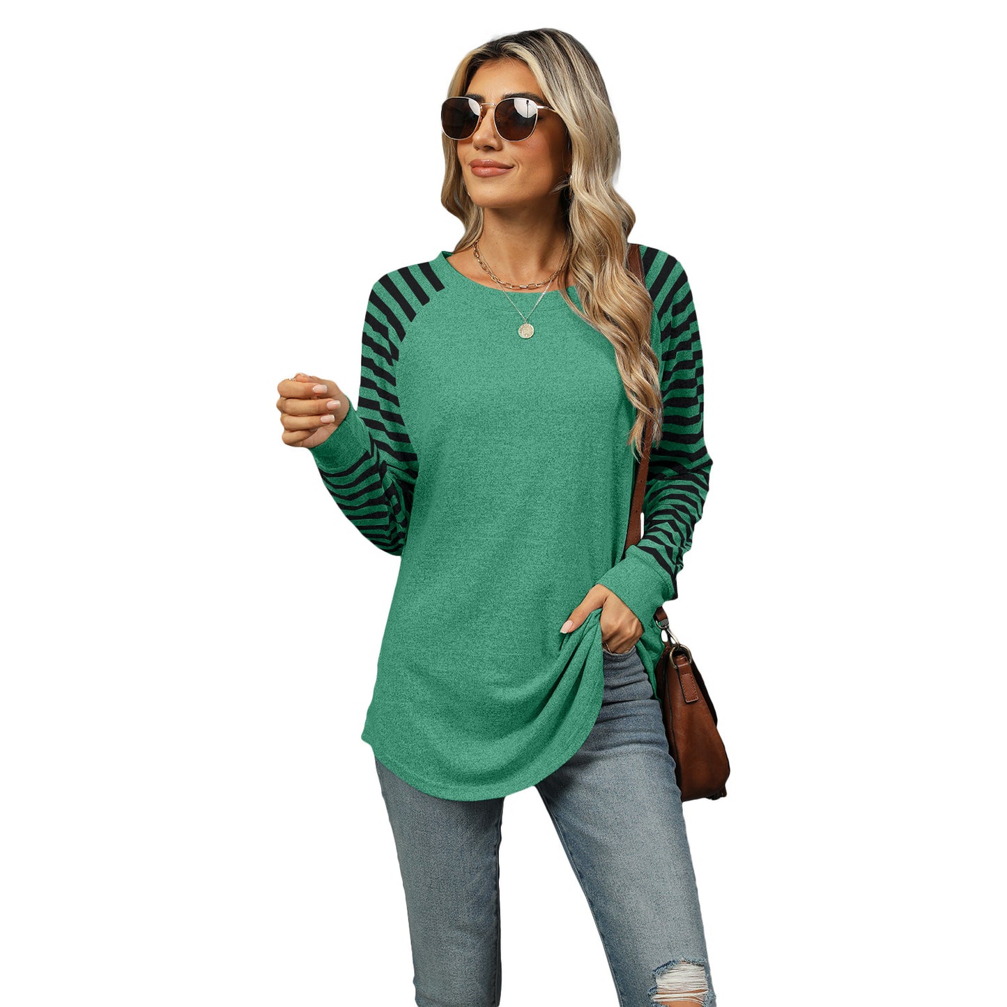 New contrast color striped patchwork round neck long-sleeved T-shirt dovetail top for women