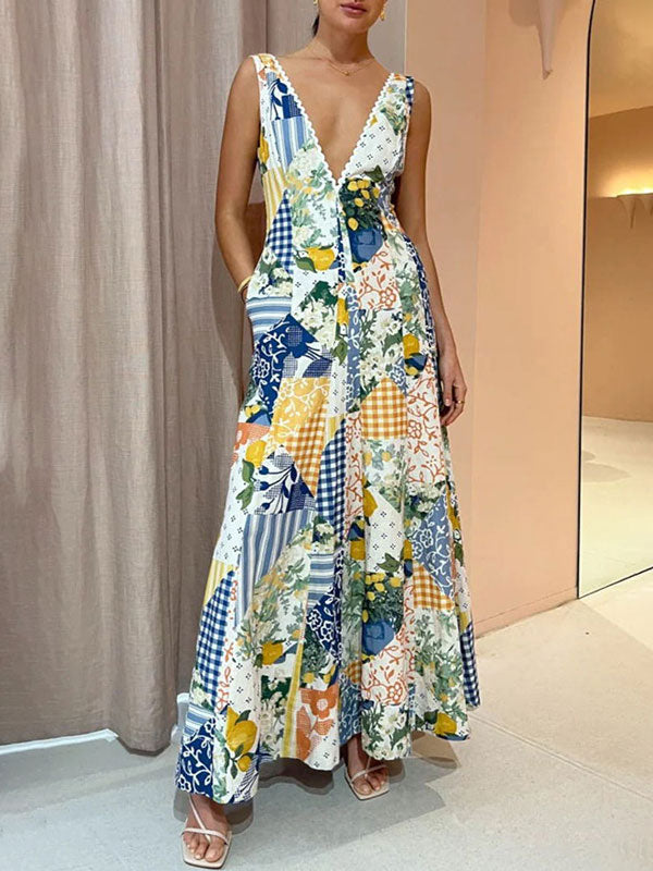 Lemon Print Lace Trim Long Dress