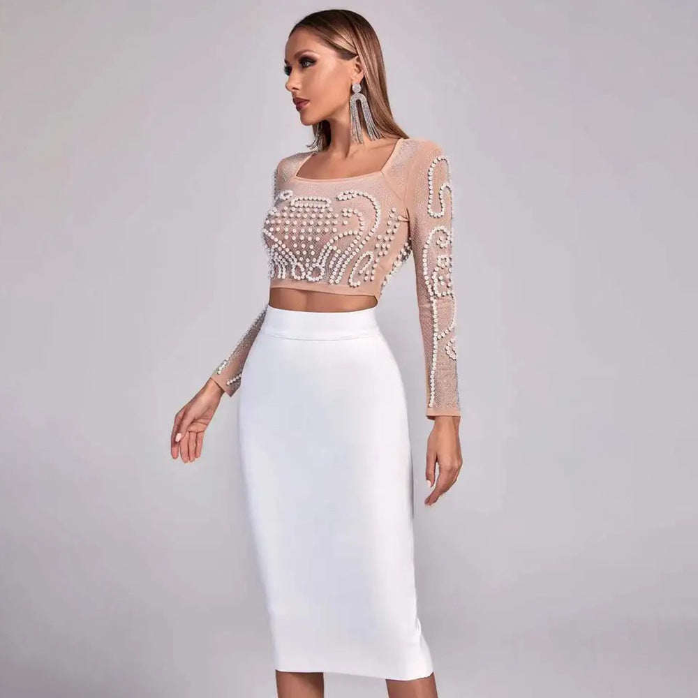 Square Collar Long Sleeve Beaded Top Slim Bandage Skirt Two-Piece Suits