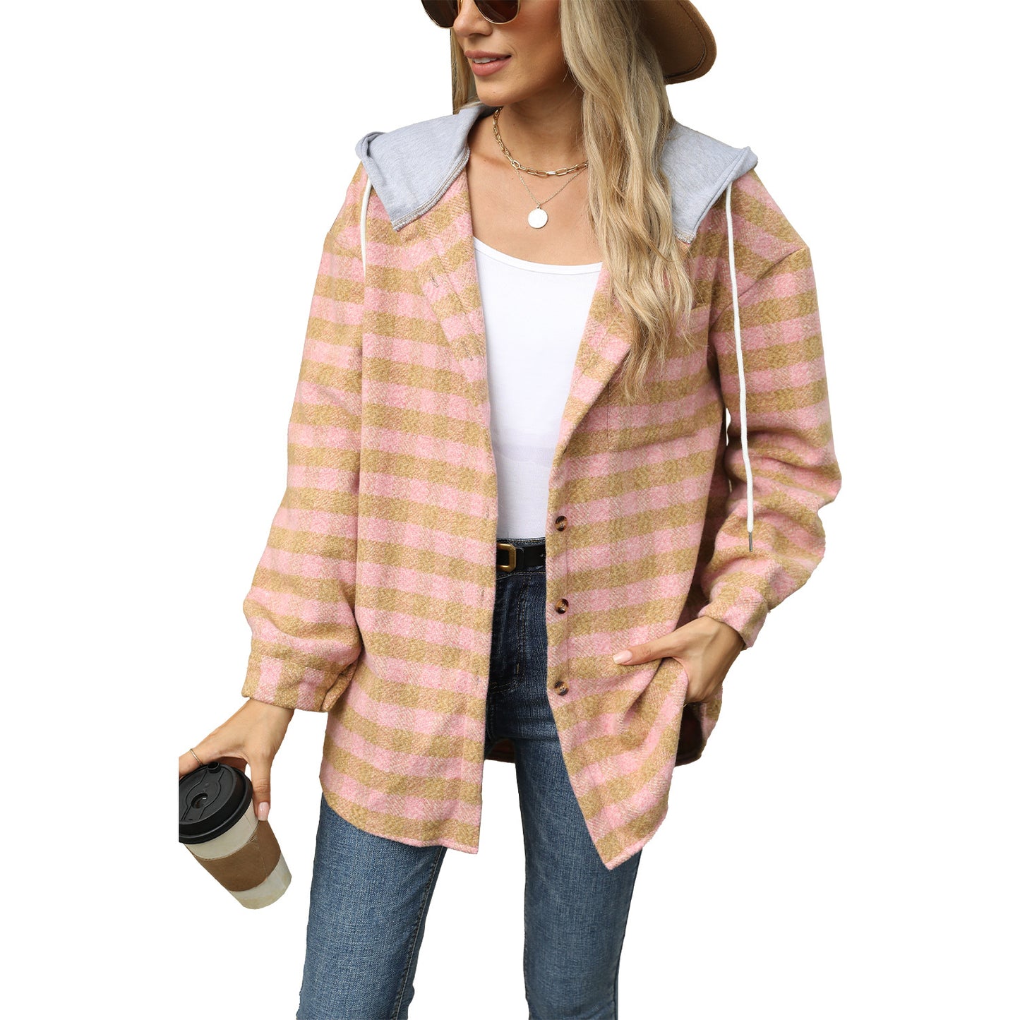 Autumn and Winter new women's hooded Plaid stitching top single-breasted woolen coat