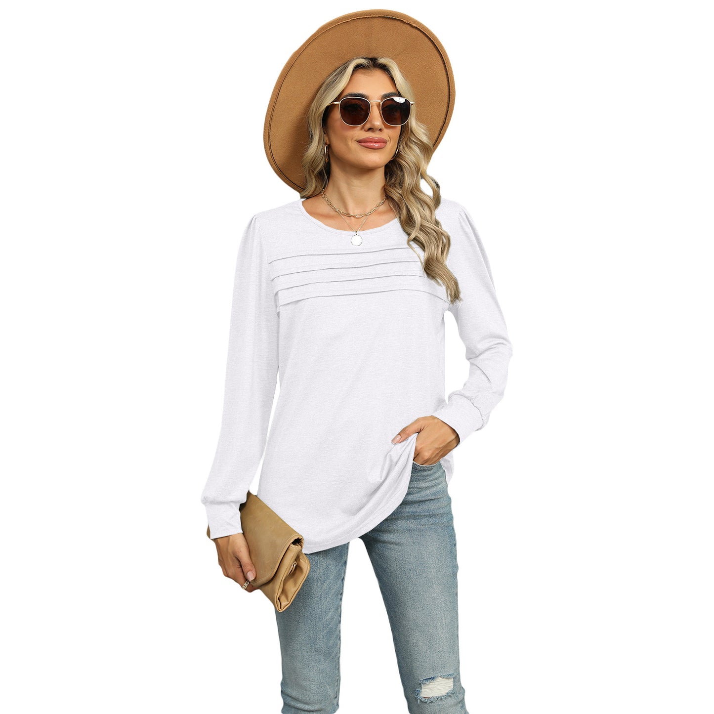 Women's autumn and winter solid color U-neck pleated long-sleeved T-shirt top