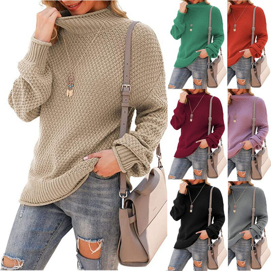Women's sweater half turtleneck large size sweater bat long sleeve pullover loose solid color sweater