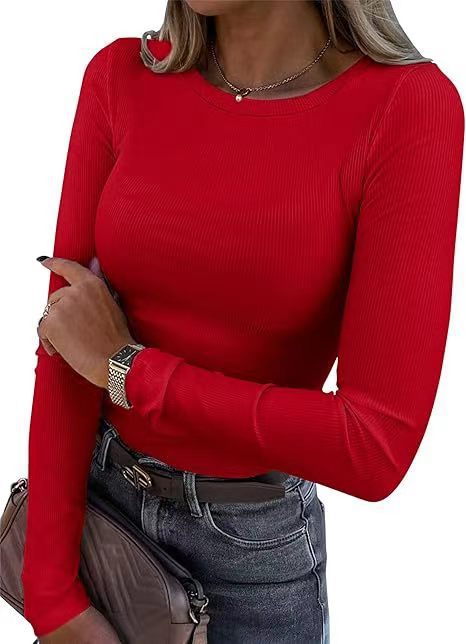 New women's long-sleeved round neck ribbed stretch T-shirt Slim fit casual bottoming solid color top