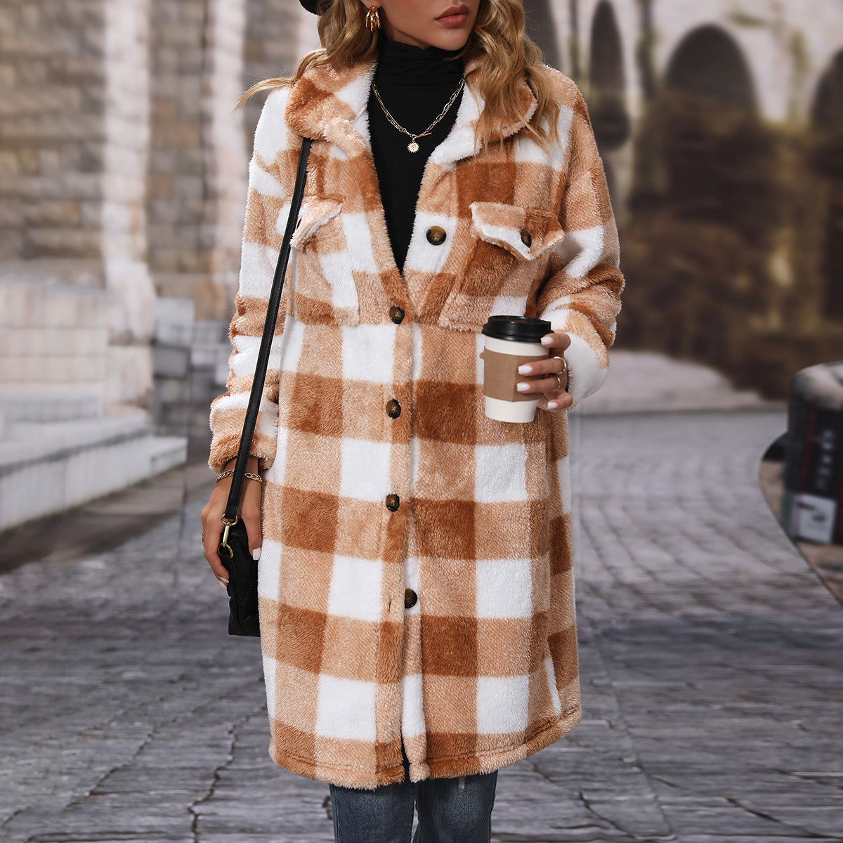 Autumn winter women's wear lapel long sleeve loose plaid single-breasted long plush casual coat