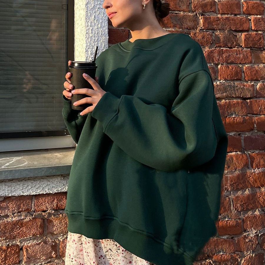 Round neck loose sweatshirt women's autumn winter Street solid color Oversize polar fleece pullover top