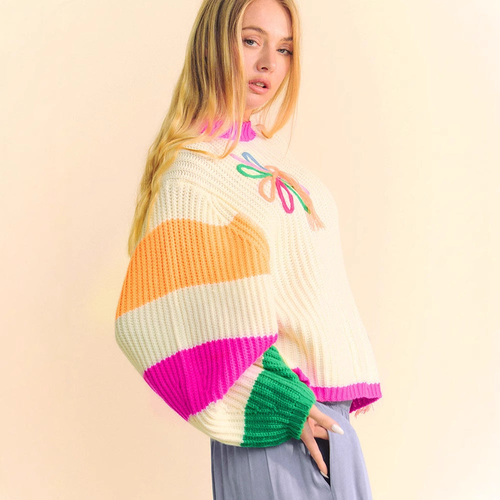 Color matching crew neck pullover sweater knitted sweater