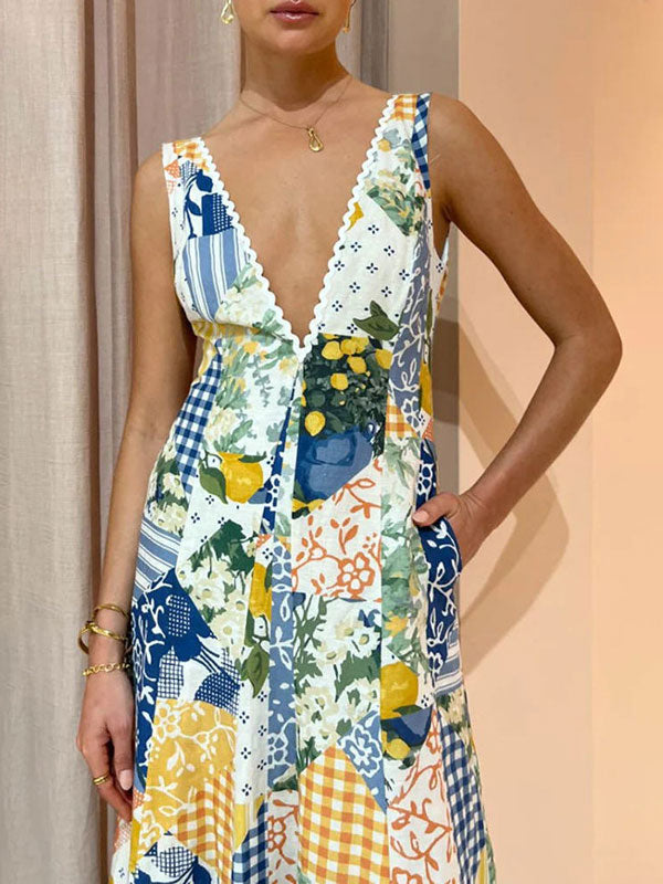 Lemon Print Lace Trim Long Dress