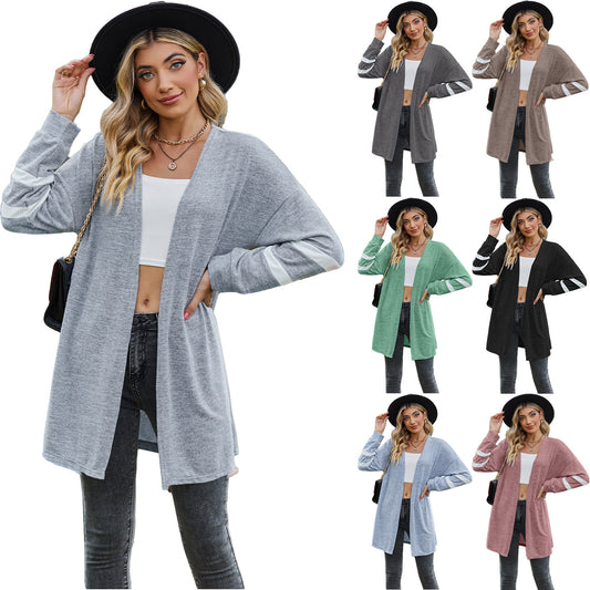 Autumn and Winter long sleeves sweater stitching contrast color knitted cardigan coat for women