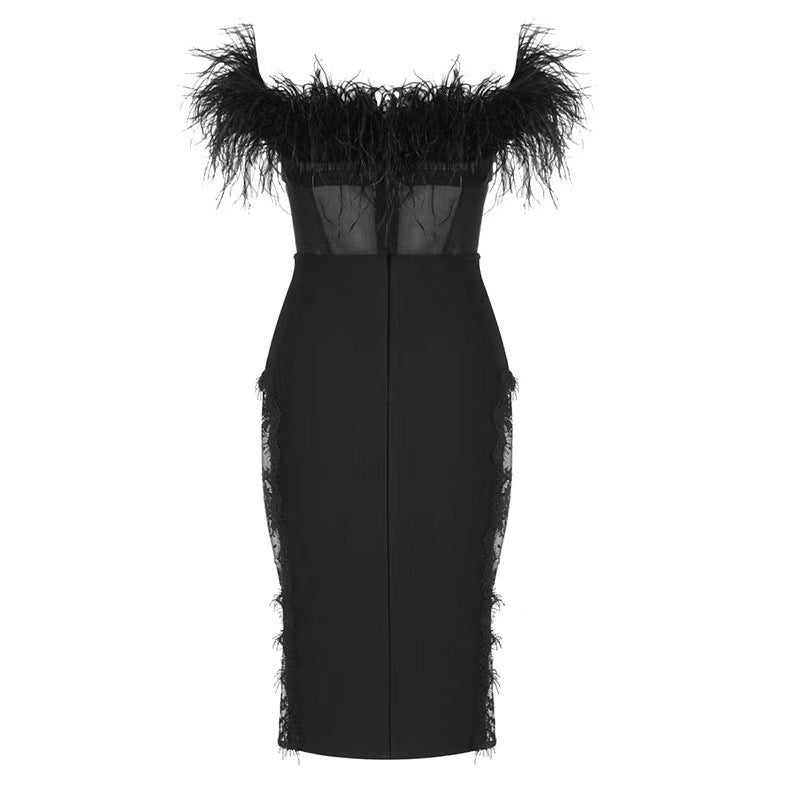 Tube Top Feather Lace Hollow Mesh Skinny Sheath Bandage Dress