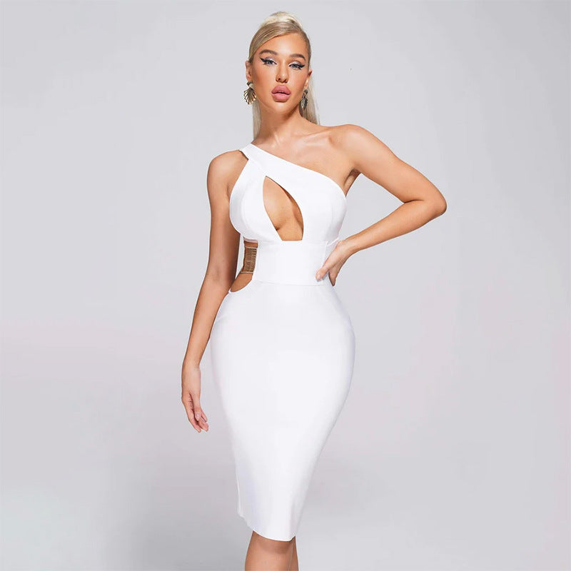 Sexy Oblique Shoulder Backless Hollow Slit Slim Fit Bandage Dress