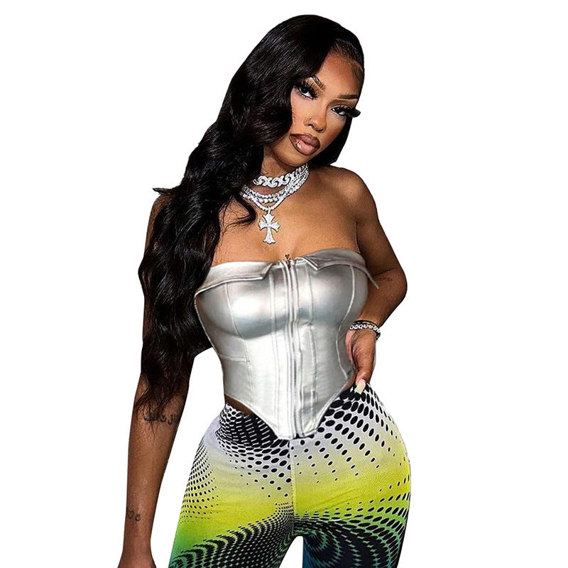 Women's lapel tube top PU leather Fishbone sexy cardigan zipper top vest