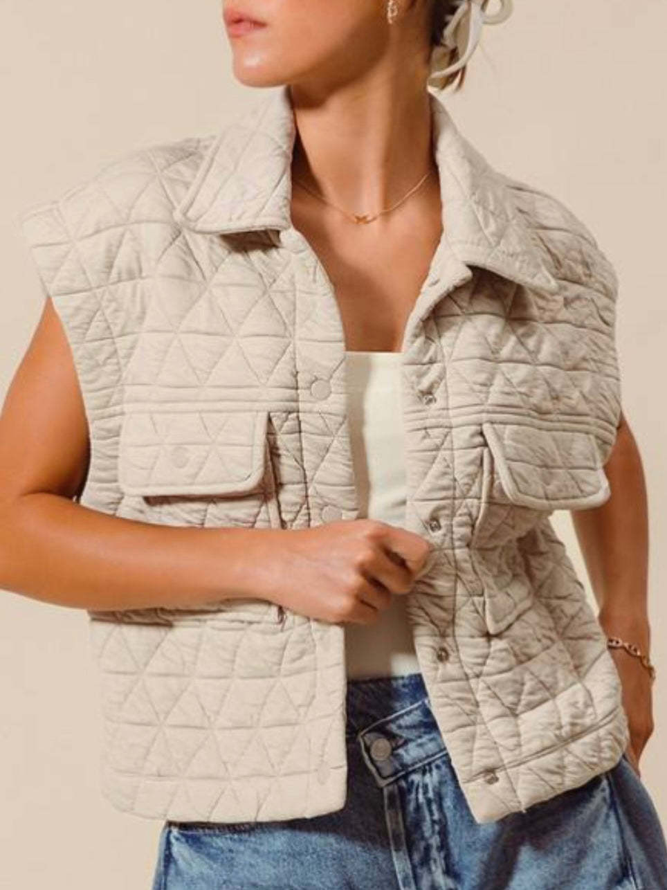 Button pocket lapels quilted winter vest women's clothing