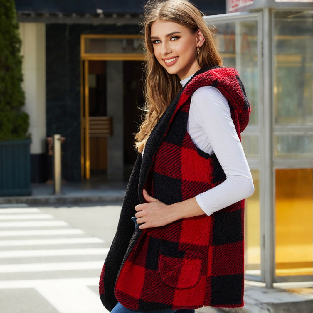 Fall women's clothing loose fashion hooded buckle-free cardigan Plaid plush vest coat for women