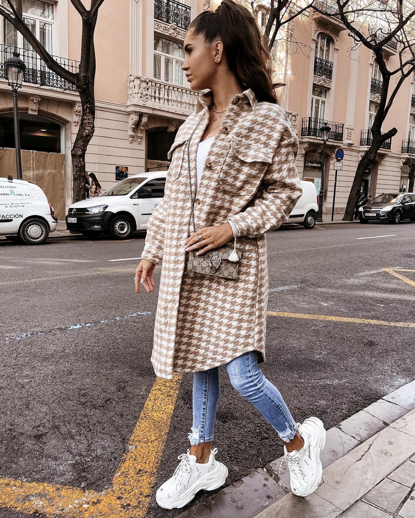 Autumn and Winter New Houndstooth Printed Woolen Outwear Women's Clothing