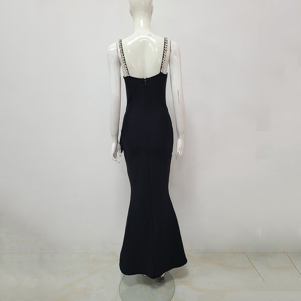 Sexy Sleeveless Dress Diamond Crystal Draped Black Bandage Gown