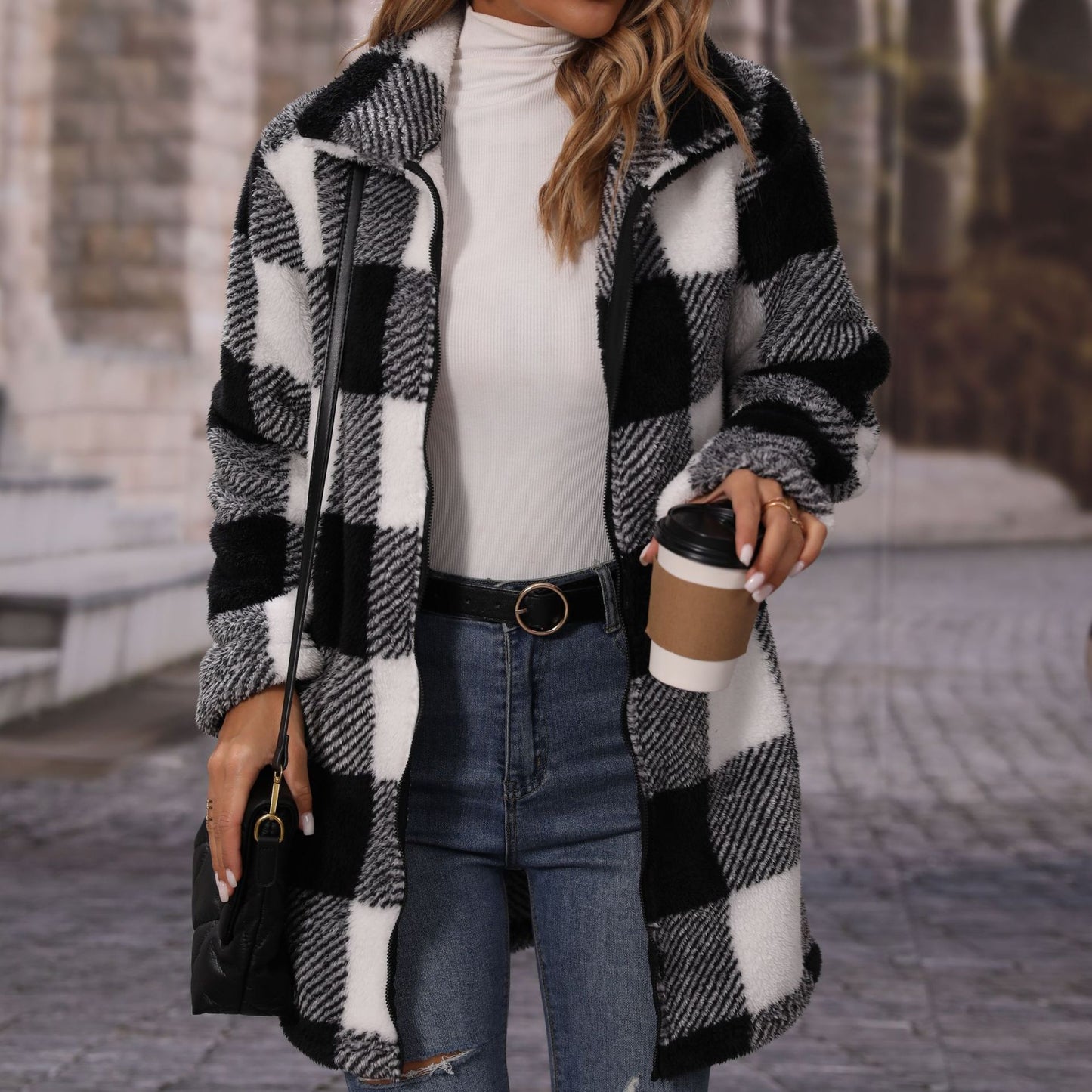 Women's autumn clothing lapel long sleeve loose plaid zipper double-sided velvet casual long coat