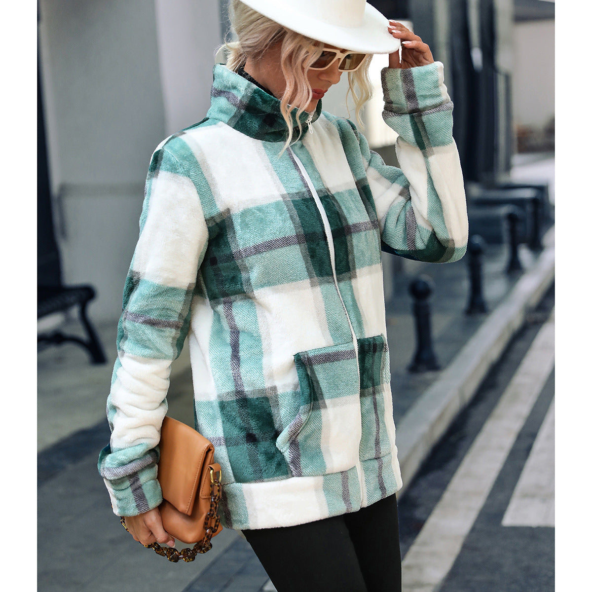 Women's Mid-length long sleeve stand collar plaid loose zip gold mink velvet coat